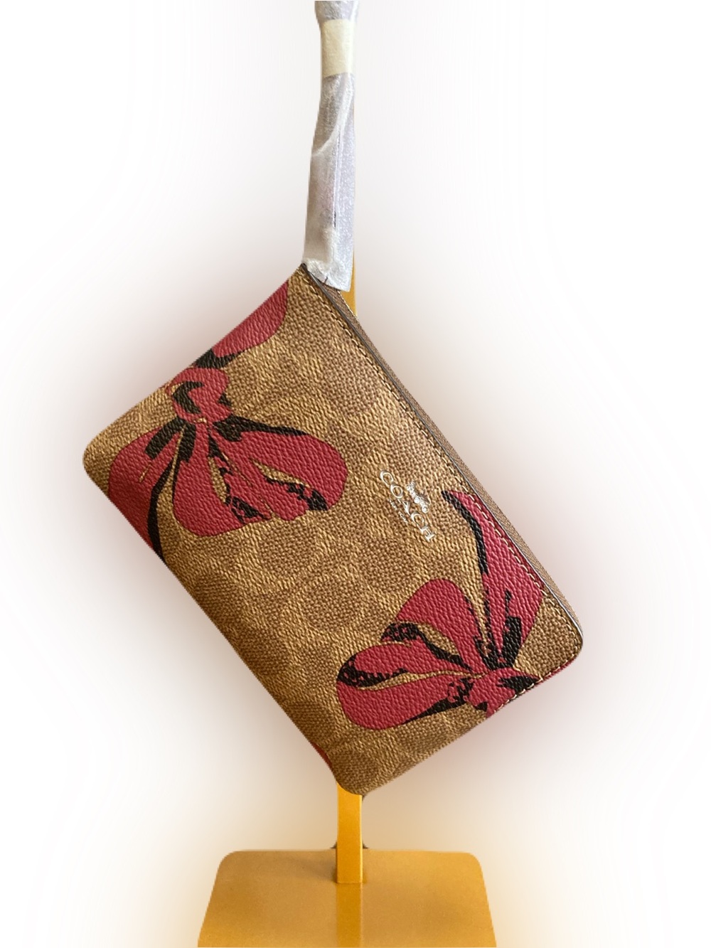 Coach Corner Zip Wristlet In Signature Canvas With Bow Print CZ440 Tan Pink NWT
